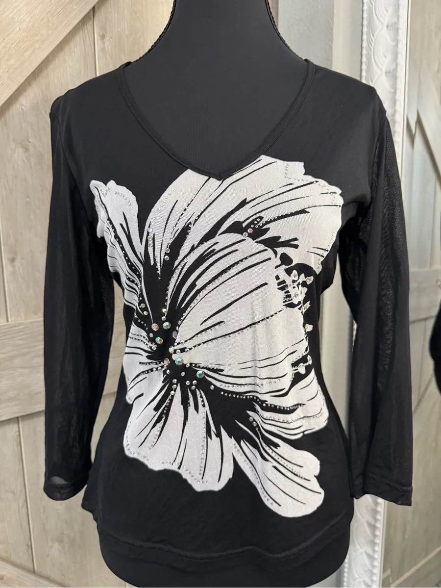 Express 3/4 sleeve Black Sheer Mesh Floral Rhinestone Bling V