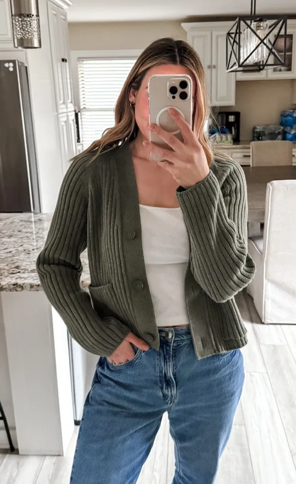 GAP Ribbed Button Front Cardigan Olive Green Cotton Sweater Size Small