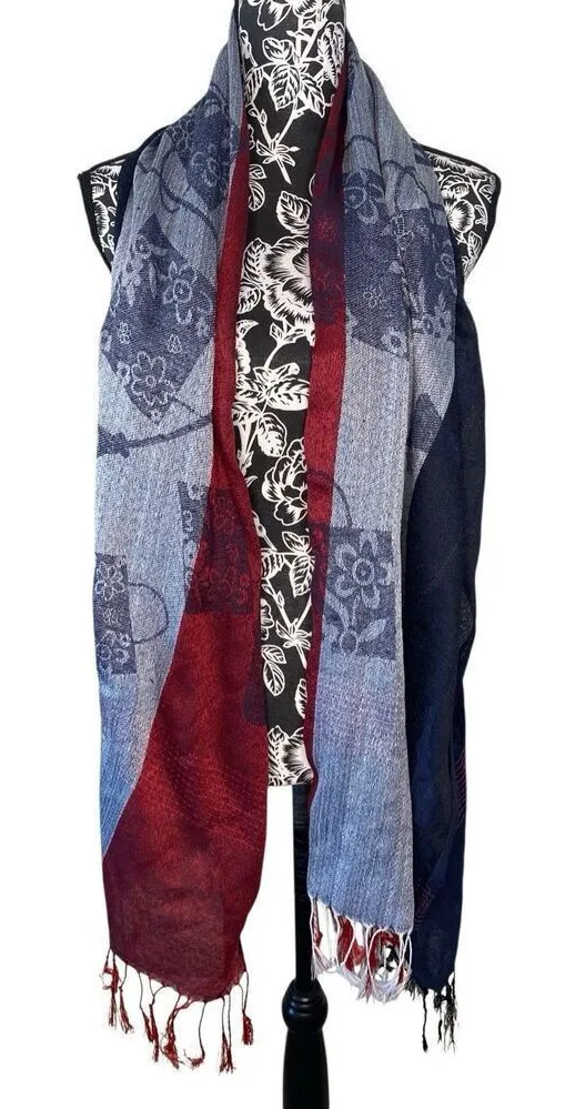 Red Blue Floral Block Print Jerusalem Wrap Shawl Scarf Fringe Large Lightweight Blue