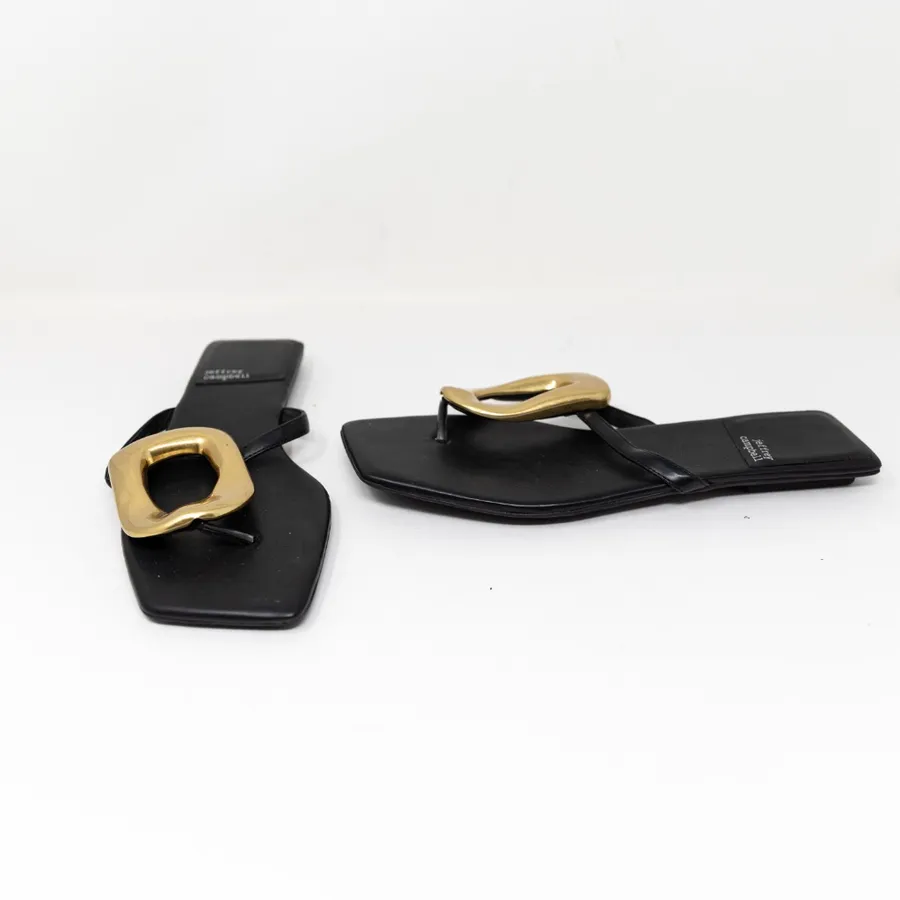 NEW Jeffrey Campbell Linques Genuine Leather Black Gold Flat Sandals Shoes 9