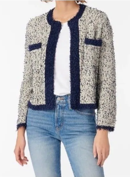 J.Crew Sz M contrast tweed white Navy Open front cropped jacket blazer cardigan