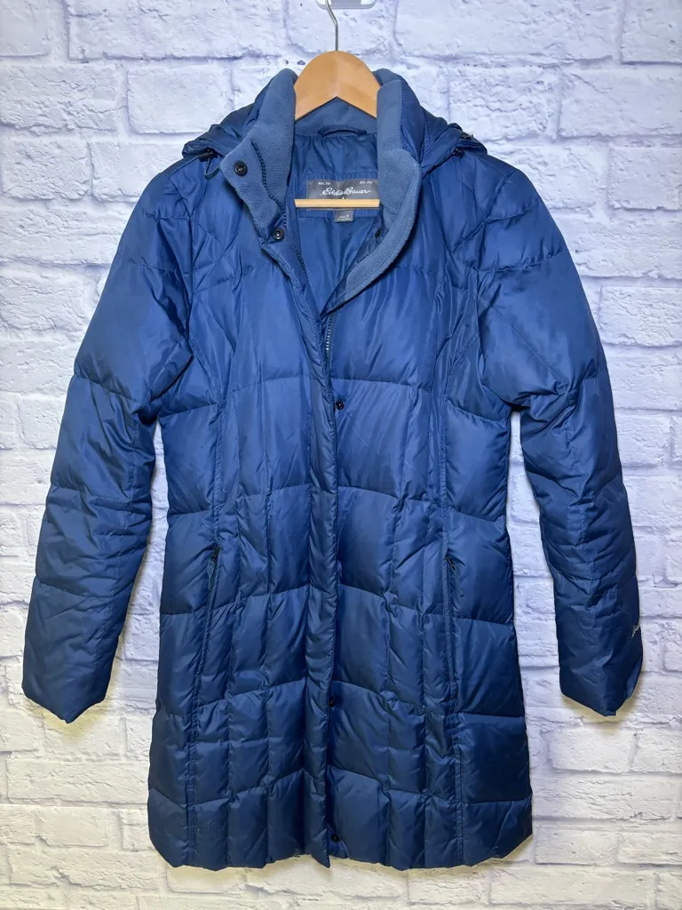 Eddie Bauer Goose Down Filled Hooded Womens Trench Coat Parka Small Blue Winter