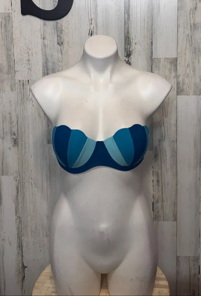 Blue Colorblock Scalloped Strapless Bikini Top Swimsuit Womens Small Push Up
