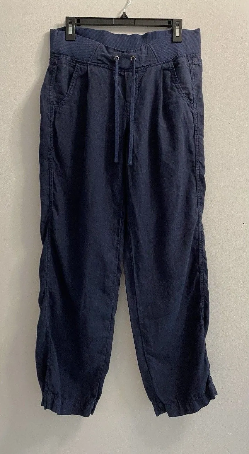 Athleta Linen Reverie Pants Sz 2 Navy Blue Drawstring Elastic Waist Wide Leg