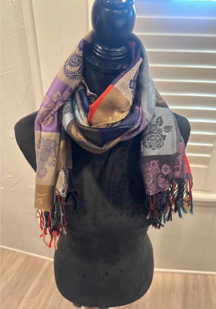 100% Pashmina Scarf Patchwork Floral Print Purple Gold Blue Fringe boho winter