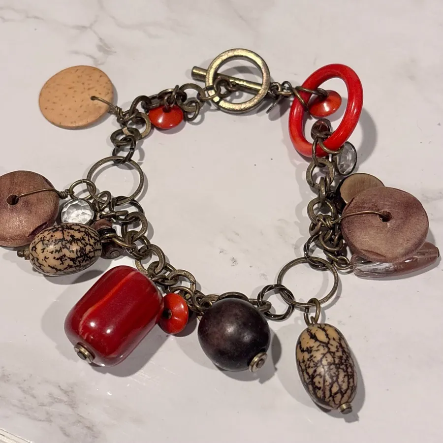 Chico's Boho Chunky Mixed Media Seed Bead and Wood Charm Toggle Bracelet