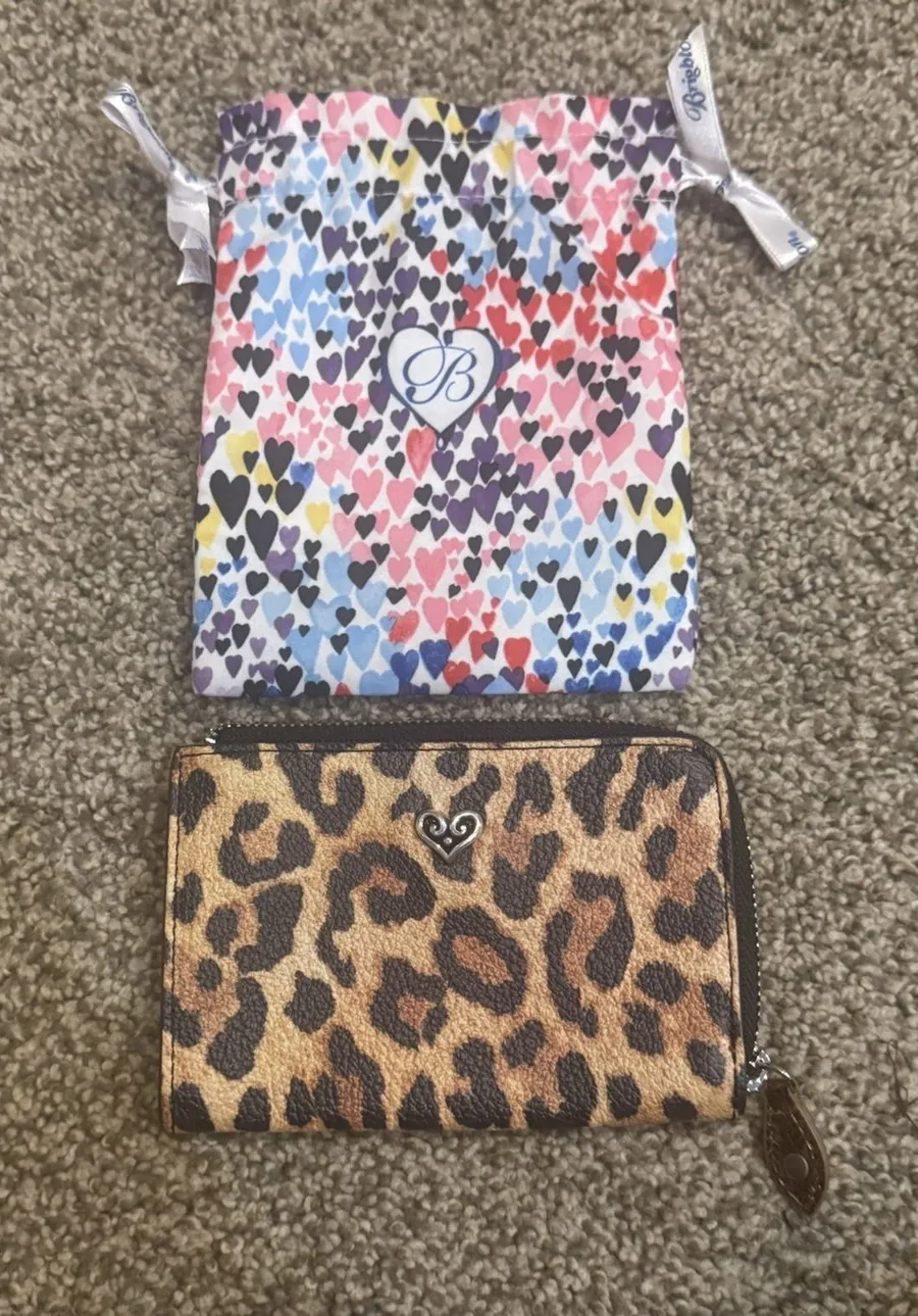 Brighton Leopard Print Leather Zip Around Catwalk Coin Case Key Ring Vintage