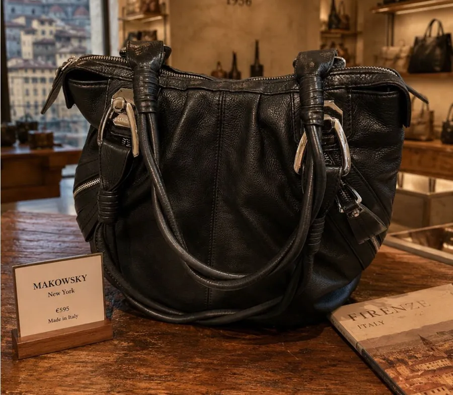 B. Makowsky Black Leather Hobo Bag with heavy silver hardware