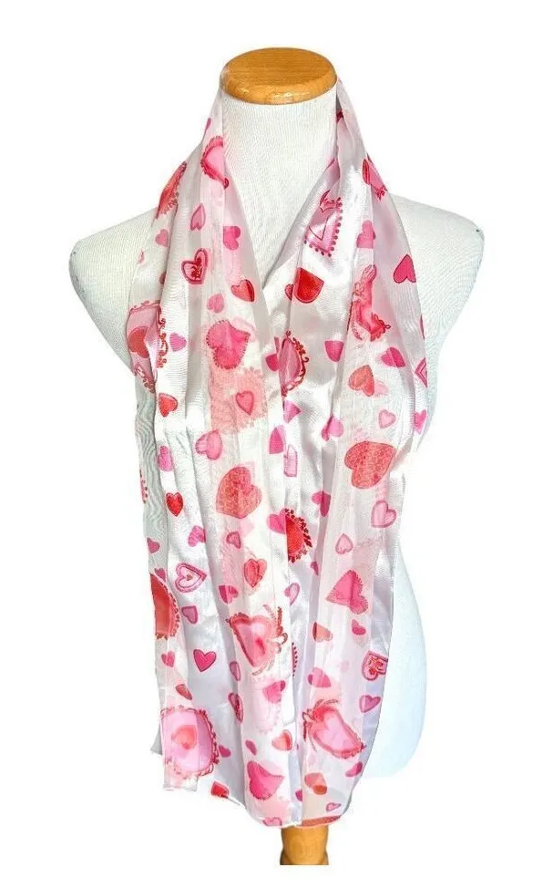 Brand New Womens Boutique Valentines Day Heart Print Lightweight Fashion Scarf White