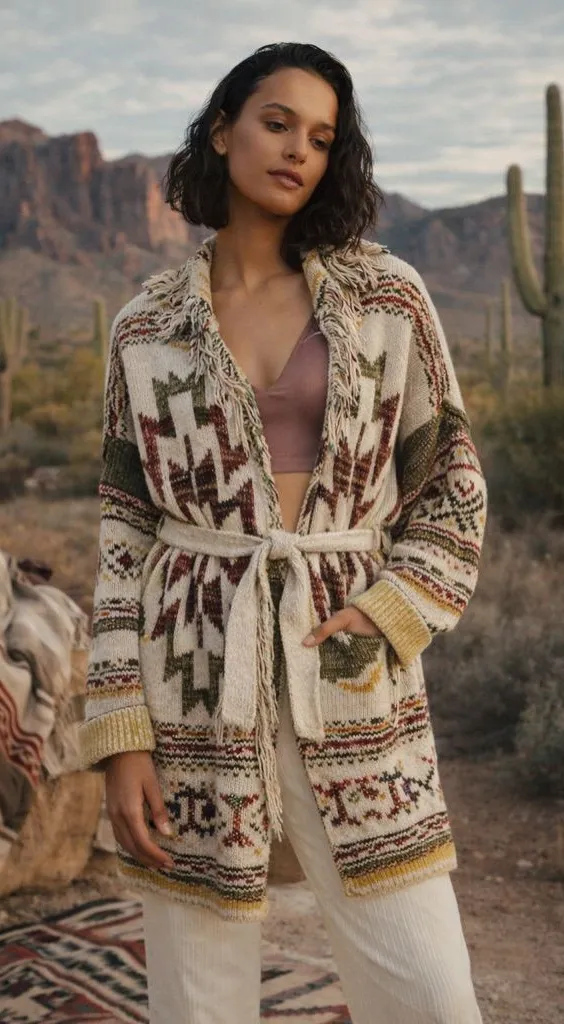Free People Wild Wild West Southwest Belted Cardigan Size M/L Oversized