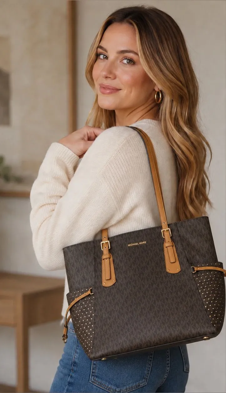 Michael Kors Tote East West Signature Jacquard Voyager Dark Brown Bag Purse