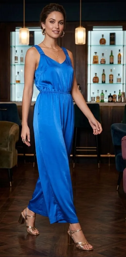 Vince Camuto Satin V-Neck Wide-Leg Jumpsuit in Cobalt