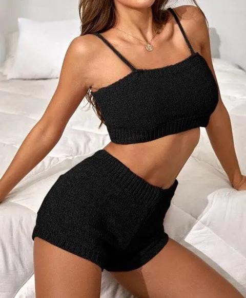 Knitted Crop Top And Shorts Lounge Set Black S