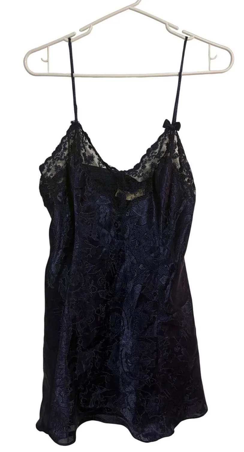 Victoria's Secret Slip Dress Vintage Jacquard Navy Blue Lace Trim Large Coquette