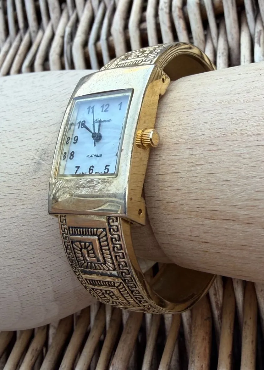 Geneva Platinum Vintage cuff bracelet rectangular case Greek pattern band stainless steel case a gold