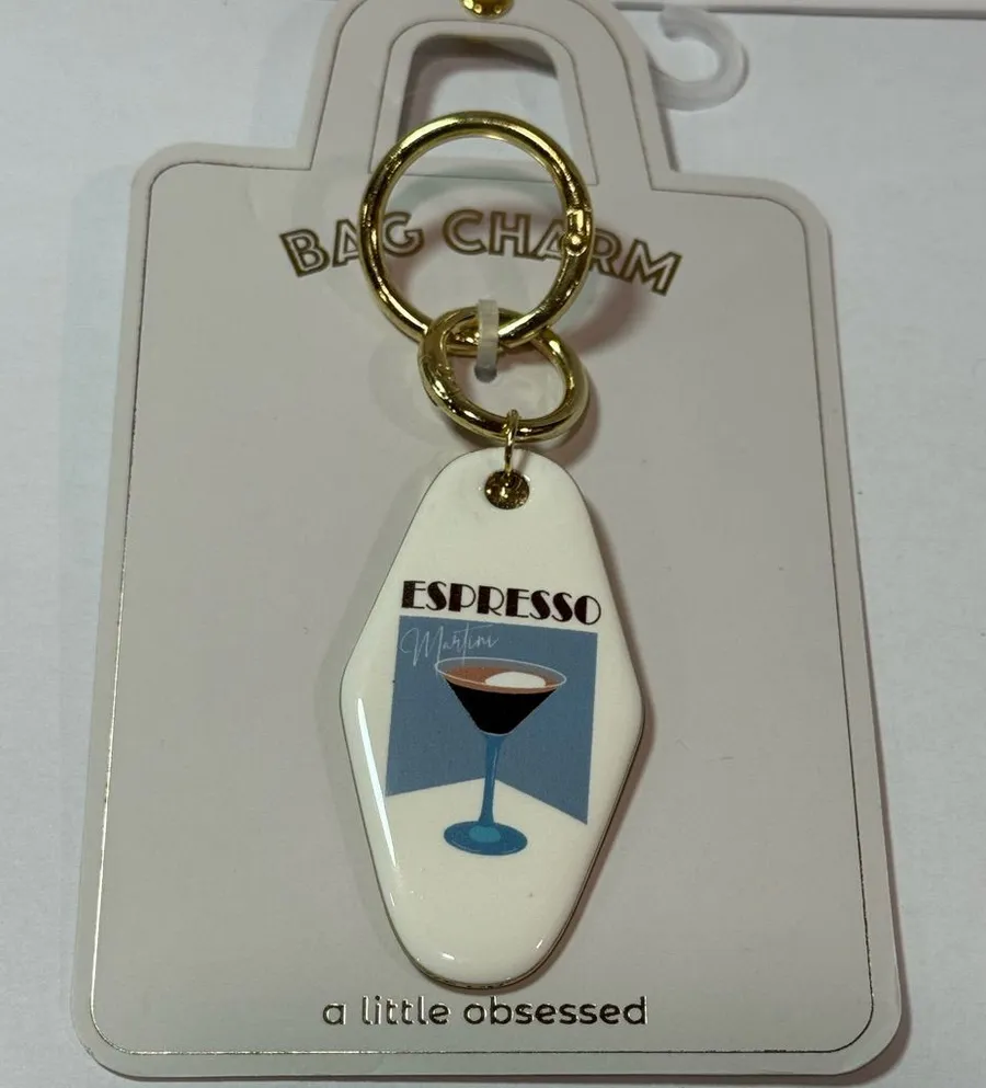 A Little Obsessed Espresso Martini Motel Key Bag Charm Gold Tone NWT White