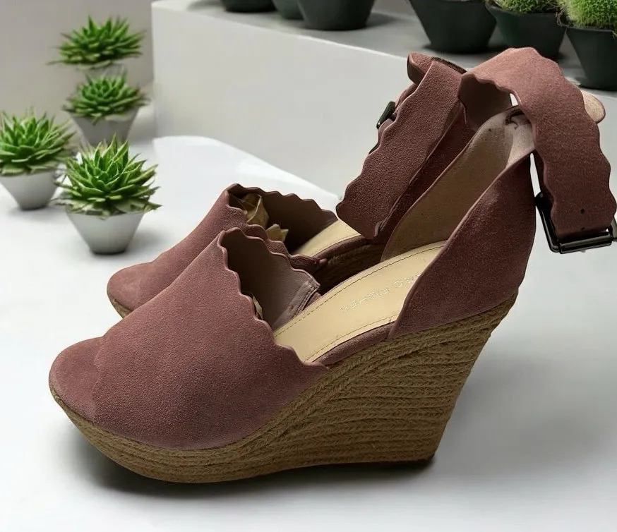 Marc Fisher Pink Haya Scallop Ankle Strap Espadrille Wedge - Size 9.5