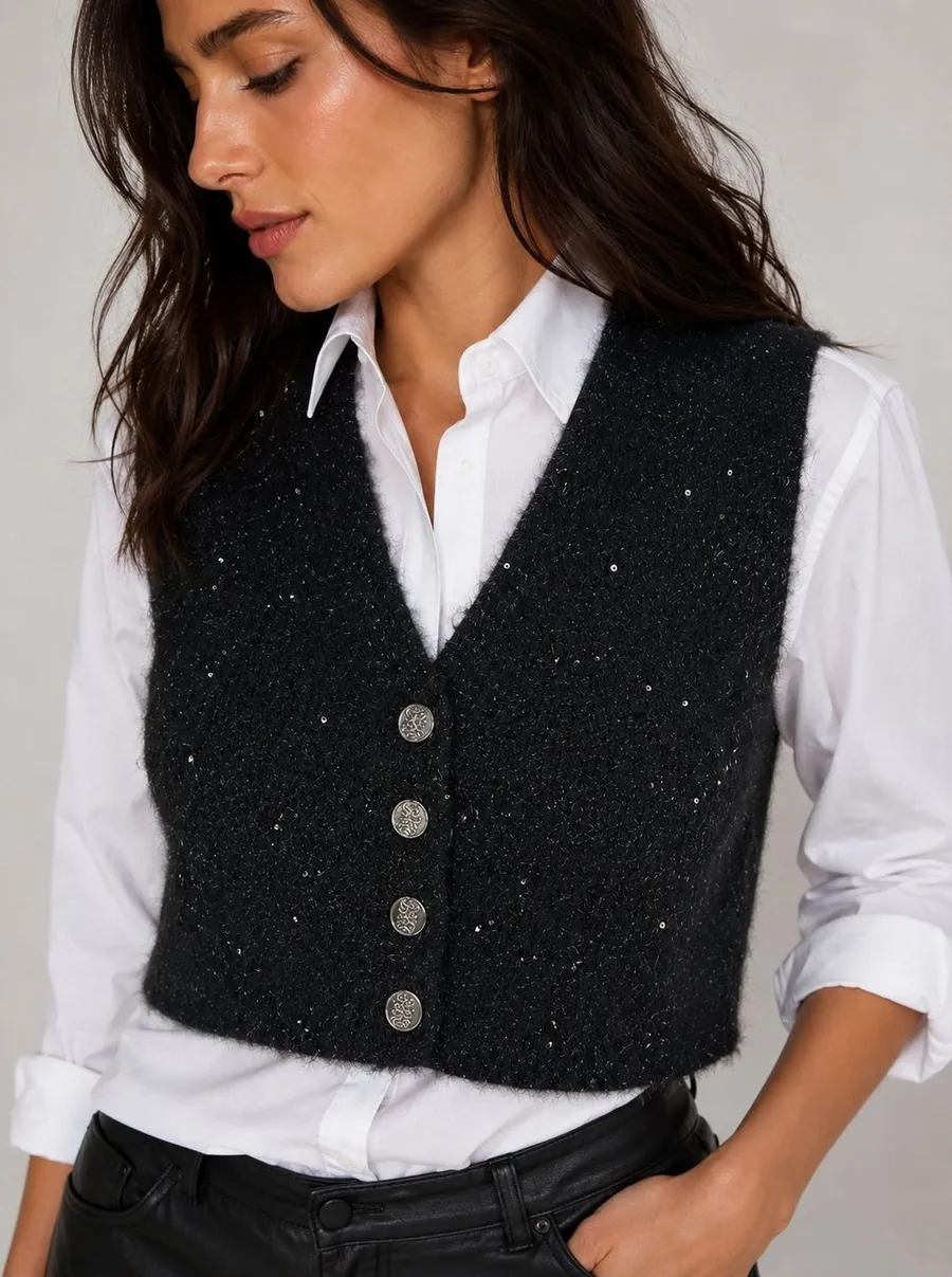 Sandro Button Front Sweater Vest Size 1 Black Metallic Sequin Cropped Knit
