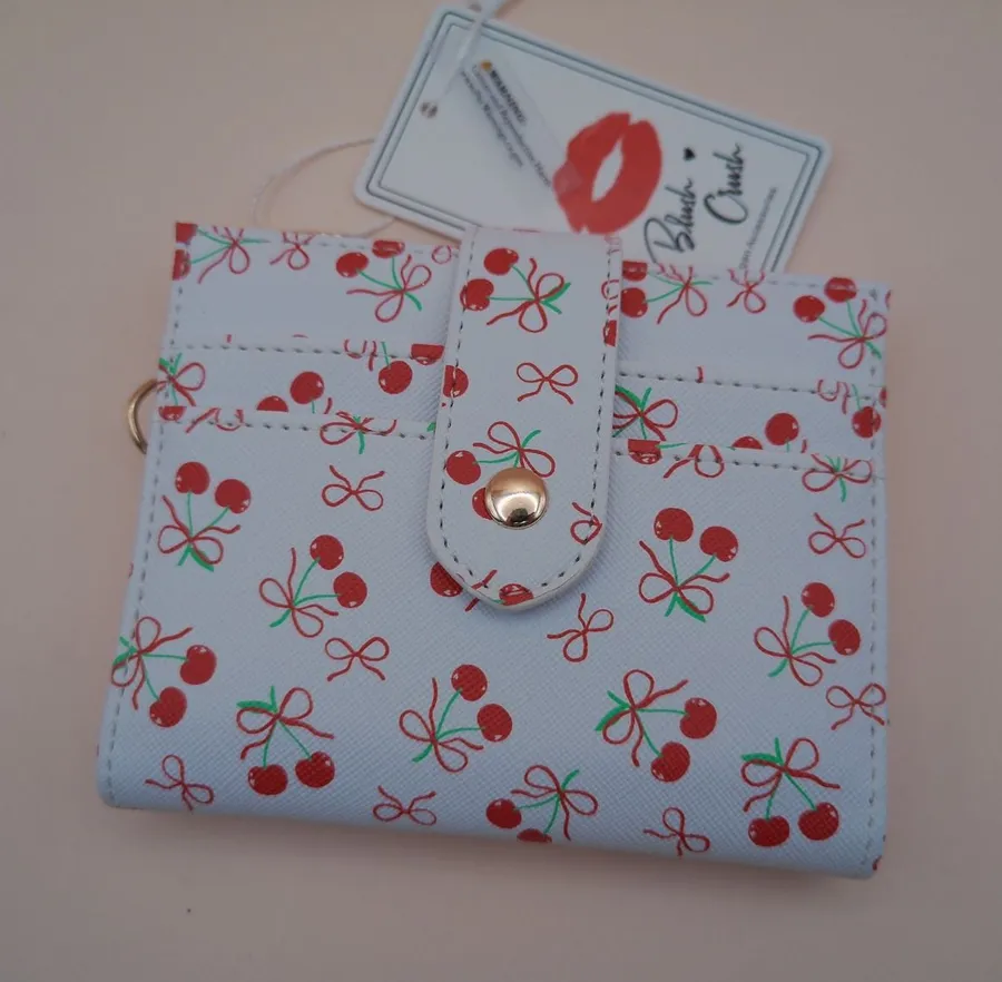 Blush Crush Cherry Bow Print Bifold Wallet Vegan Leather Coquette New 10