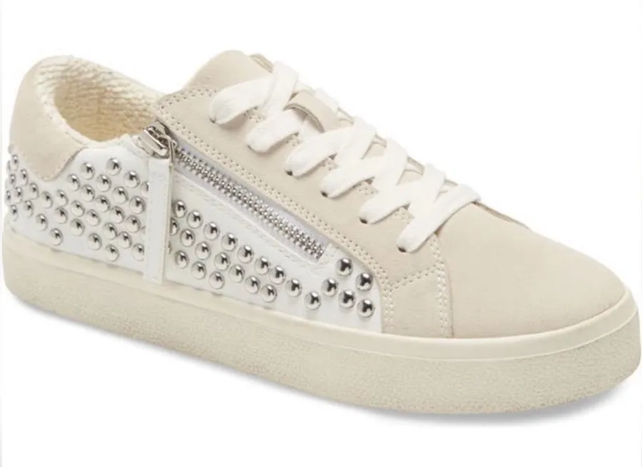 Cream Studded Low-Top Sneakers with Suede Finish