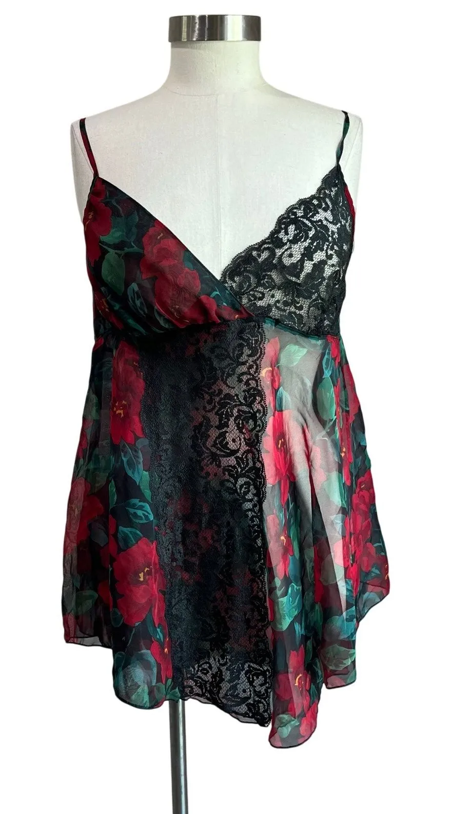 Victoria Secret Gold Label Sheer Floral Red & Black Lace Babydoll Chemise Sz M