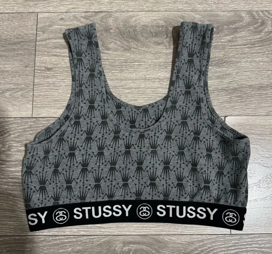Stussy Women Gray Crown Pattern Crop Sport Athletic Bra Size L