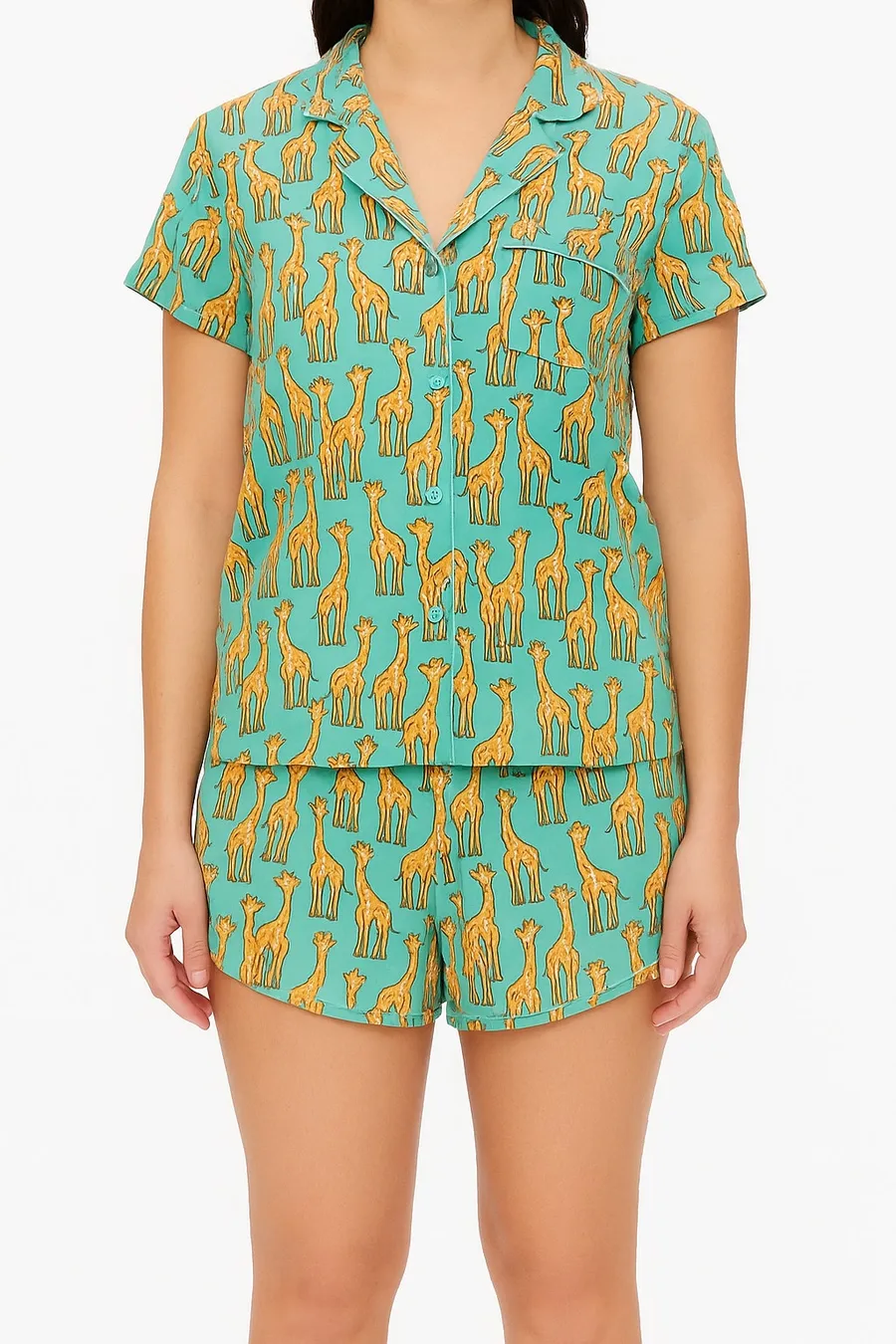 MeUndies Women’s Pajama Set Giraffe Print Button Up Top & Shorts Size M Blue Size M