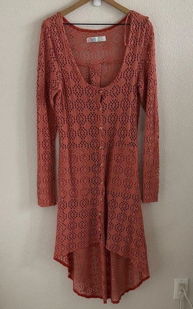 Free People Beach Crochet Love Long Sleeve Cover Up Muted Apricot Small