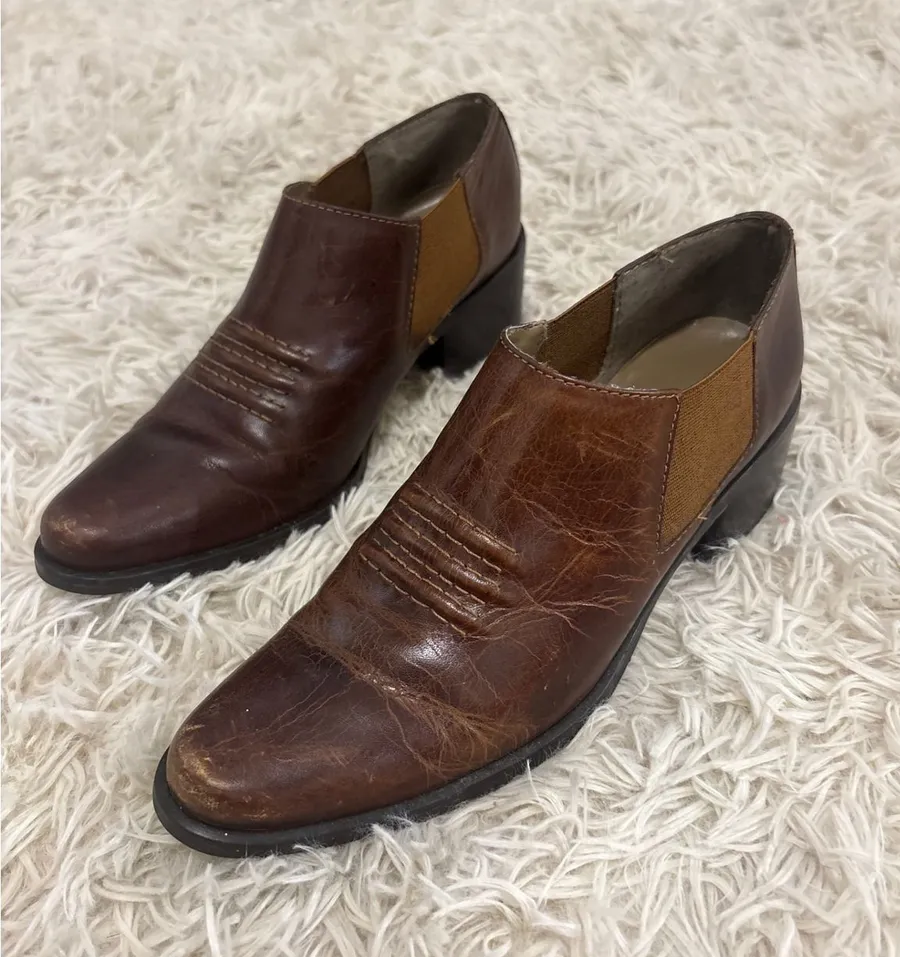 Nicole Brown Leather Ankle Boots Chelsea Style Block Heel Western Stitch Sz 6