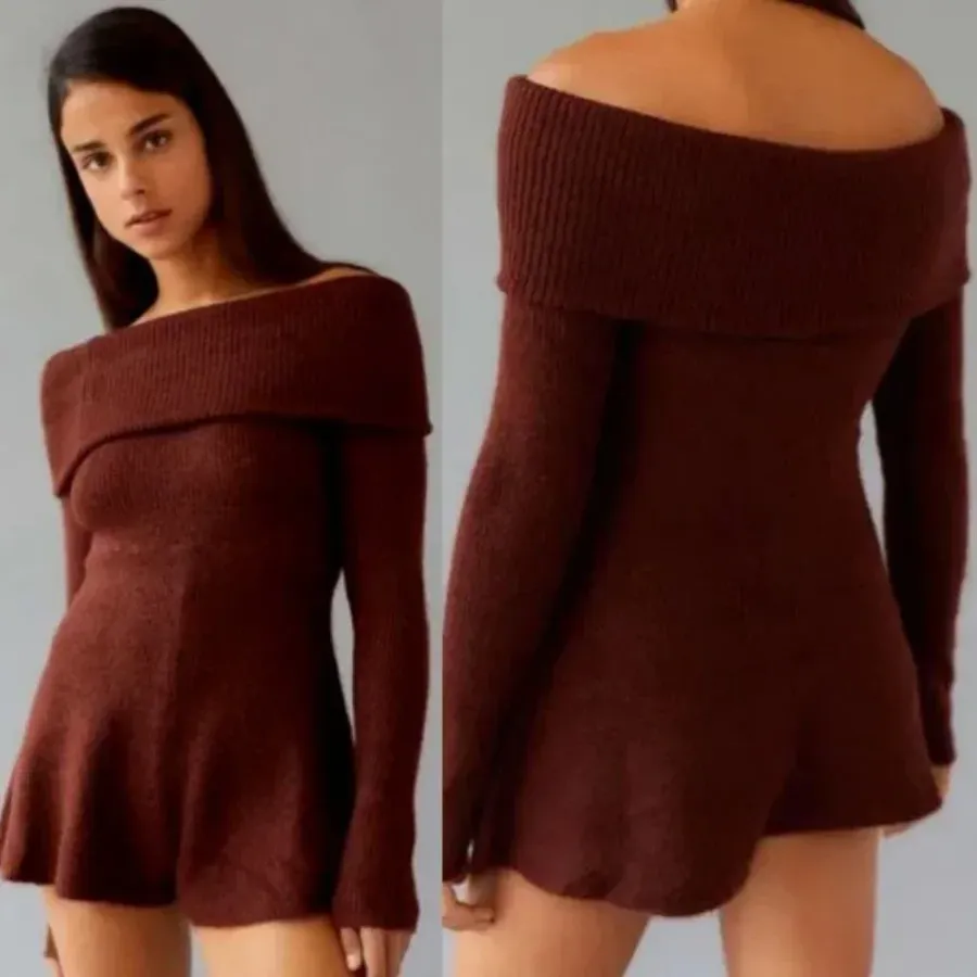 Grace Off-the-Shoulder Knit Romper in Dark Brown Large NWOT $59