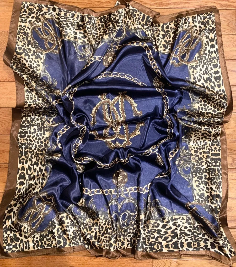 Leopard Print NWT /navy blue /golden brown SQUAR SILKy SCARF 35/35