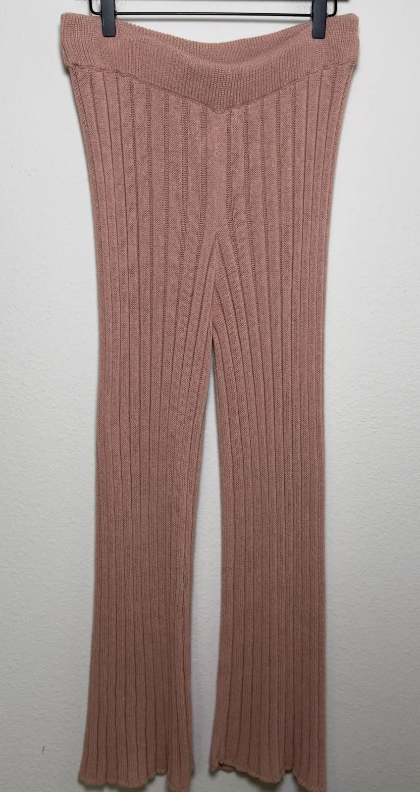 Free People Women Pants Large Pink Keep It Real Flare Ribbed Knit Loungewear