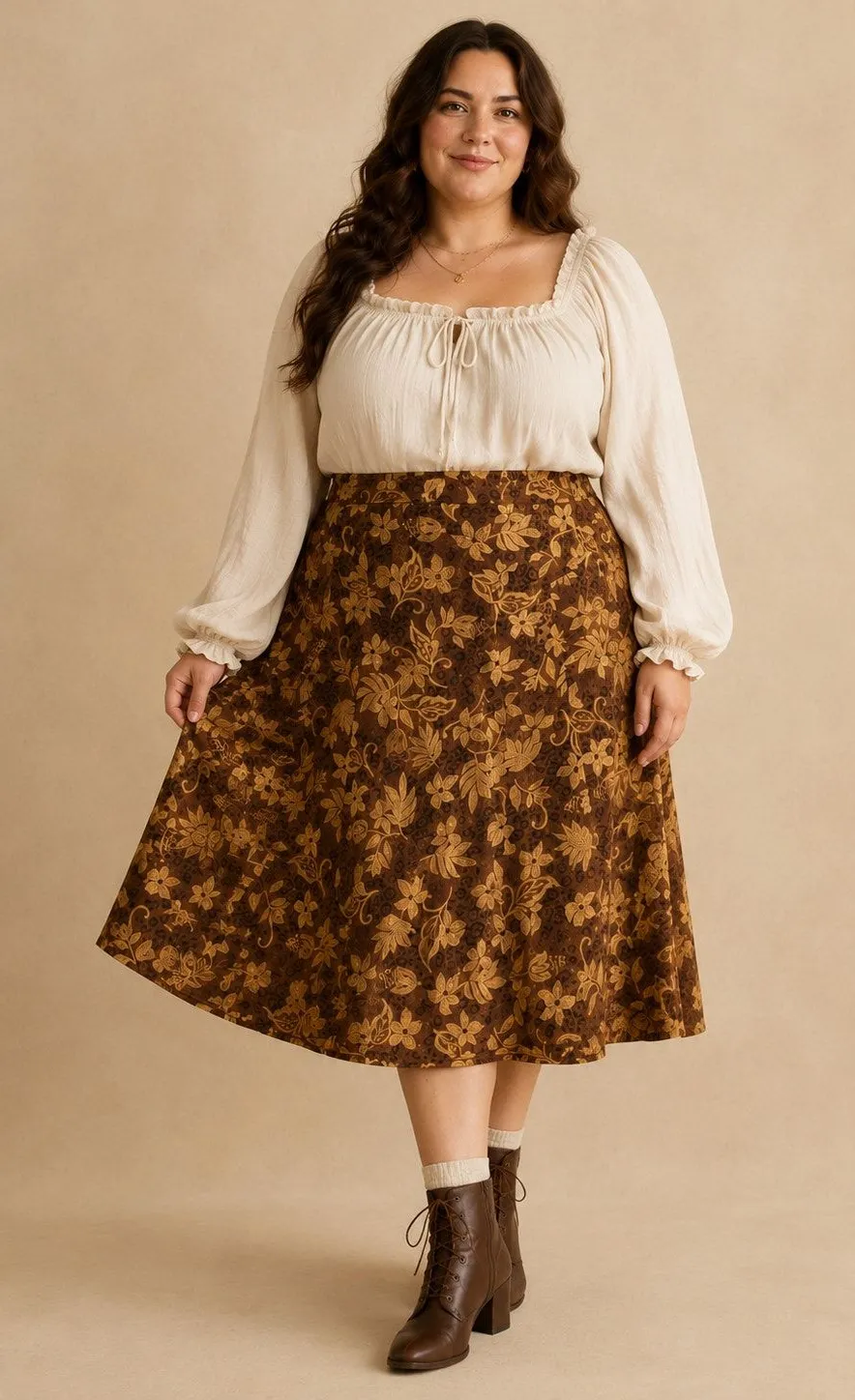Brown Floral Leopard Midi Skirt 18 Boho Y2K Earth Tone A Line Cottagecore