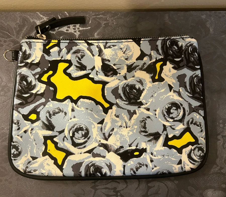 Nine West black and blue Rose print w/ yellow background - wristlet clutch