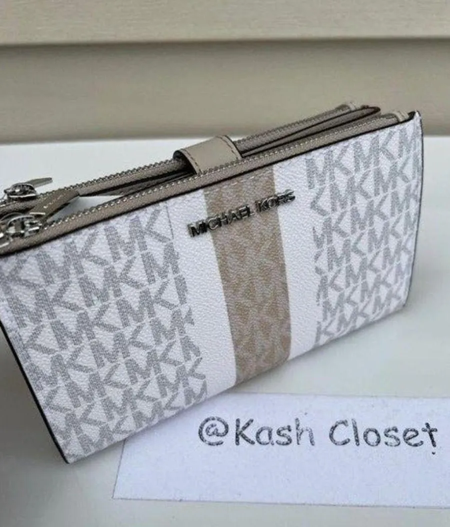 Michael Kors Light Sand Multi Double Zip Wristlet MK Signature Stripe JetSet Bag