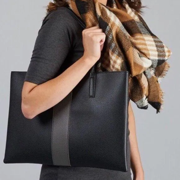 Vince Camuto Black Pebbled Soft Vegan Leather Gray Stripe Tote Laptop Bag