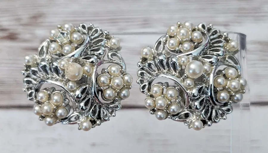 Vintage Clip On Earrings Large Statement Silver Tone & Faux Pearl (Some Missing)