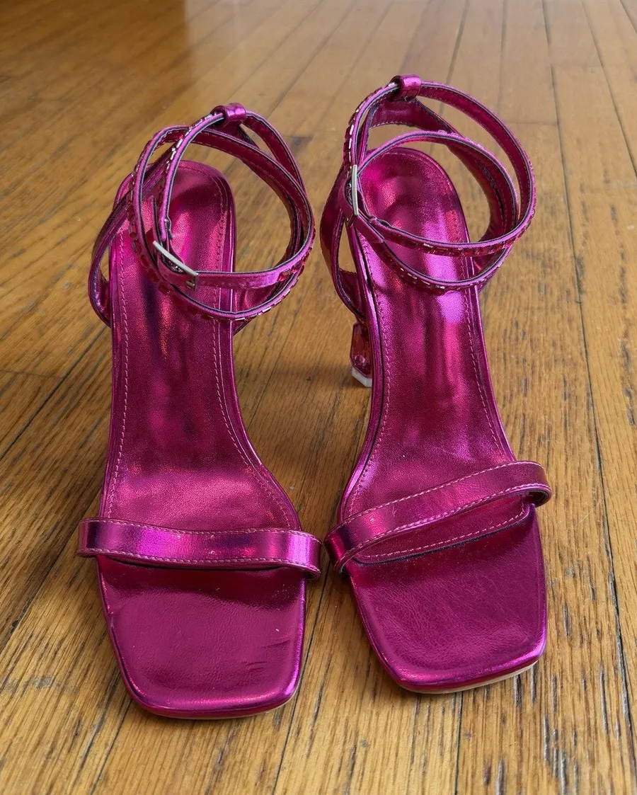 Pink Rhinestone Strappy Heel Sandals Shoes Womens Size 8 Square Toe Party