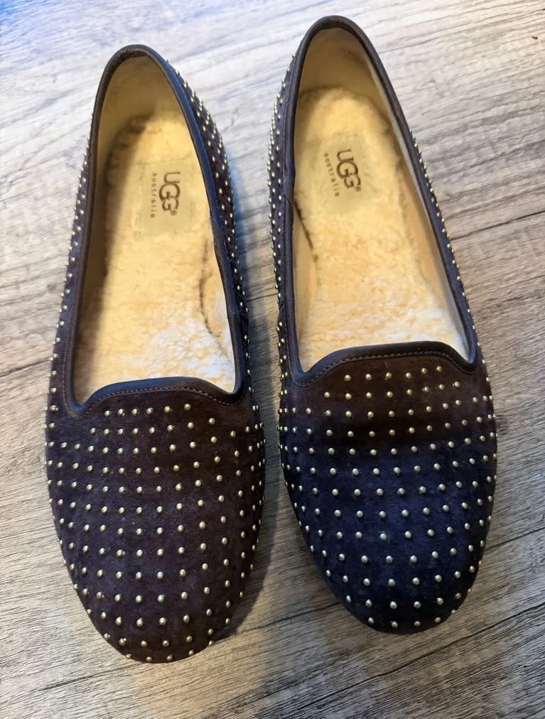 UGG Studded Suede Flats Brown Shearling Lined Loafers Size 6