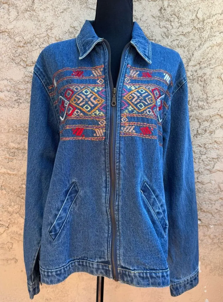 Vintage 90’s Agapo Collection Embroidered Southwestern Zippered Denim Jacket Blue Size 2X