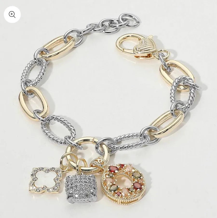 14K Gold Plated Two Tone Stone Paved Mother of Pearl Quatrefoil Square Ring Charm Accent Bracelet