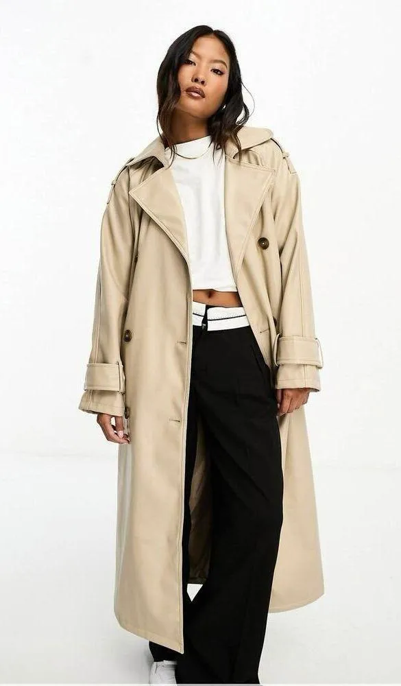 ASOS DESIGN Tan Faux Leather Trench Coat Size 12 Long Preppy Chic Minimalist