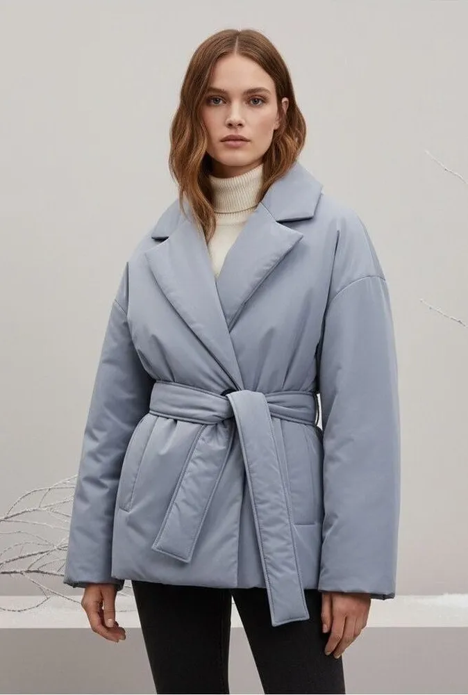 ZARA Padded Blazer Style Jacket with Belt Dusty Blue Quilted Puffer Coat Size XL