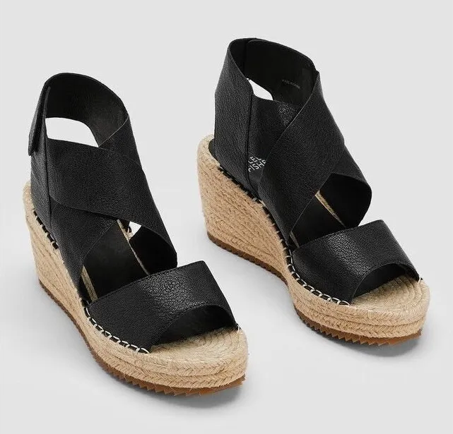 New Eileen Fisher 9.5 Willow Platform Wedge Espadrille Sandals Tumbled Leather