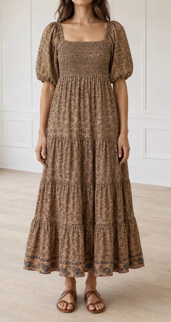 A Loves A Brown Floral Smocked Puff Sleeve Tiered Midi Dress Large Cottagecore