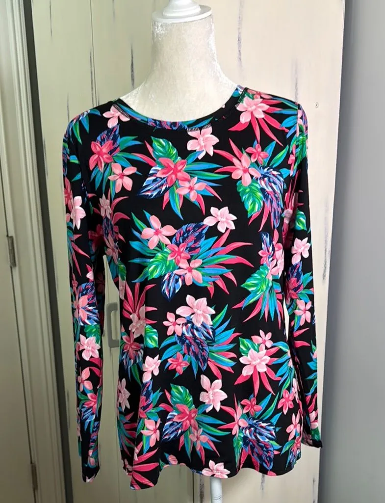 Croft & Barrow Black and pink tropical Floral Swim Rashguard