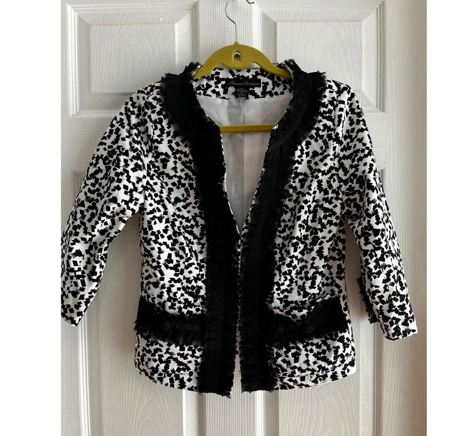 Marisa Christina Black & White Abstract Ruffle Trim Jacket Size S 100% Cotton