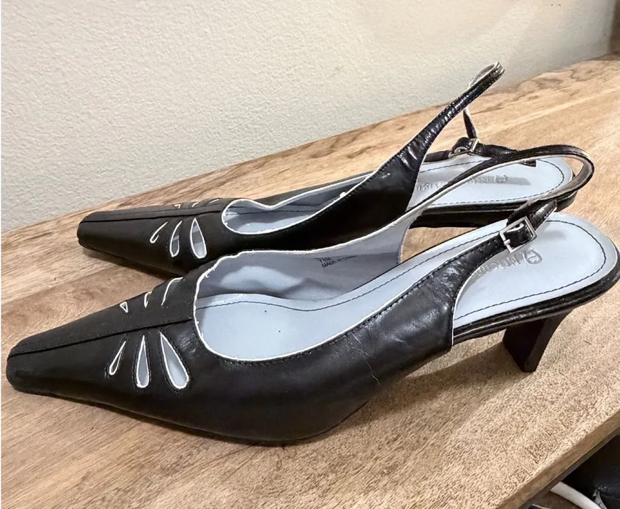 Etienne Aigner Black Leather Laser Cut Slingback Kitten Heels 7.5