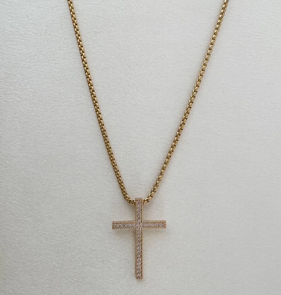 CZ Cross Pendant Necklace for Men Women,Streetwear Punk Hip Hop Unisex Style Gold