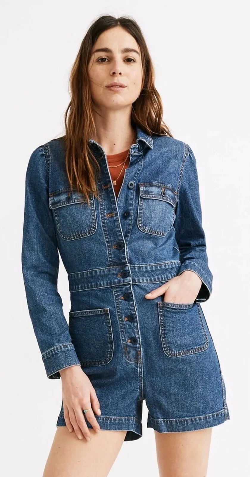 $128 Madewell Blue Denim Long-Sleeve Jumpsuit Short Romper in Vasey Wash